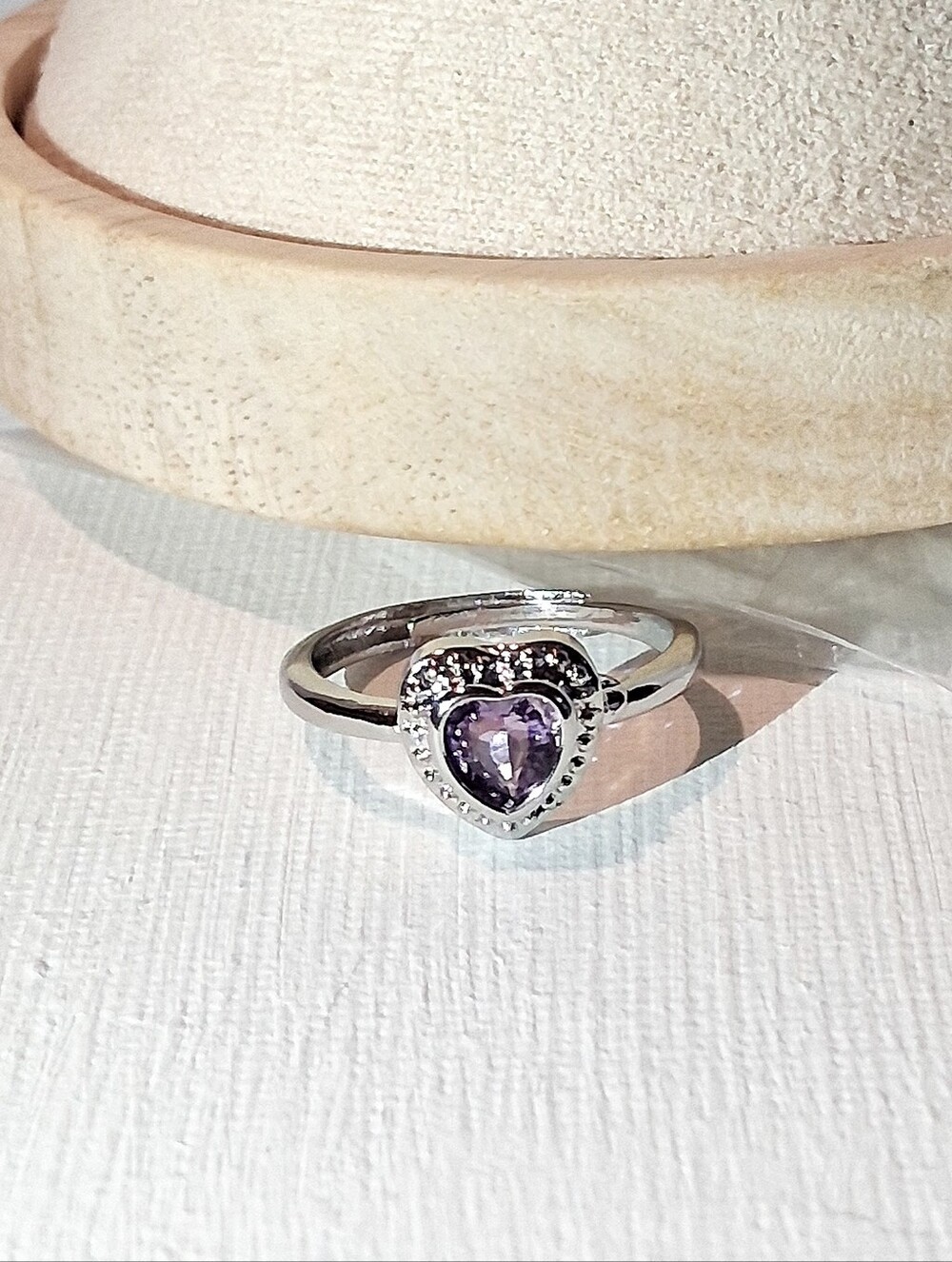 Silver Heart Adjustable Ring with Purple Cubic Zirconia